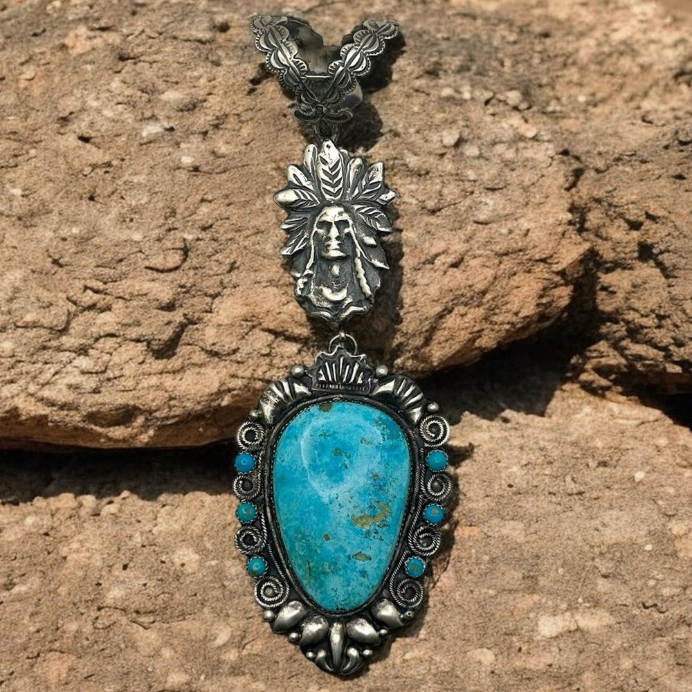 Navajo Indian head chief pendant Native American turquoise jewelry sterling 925